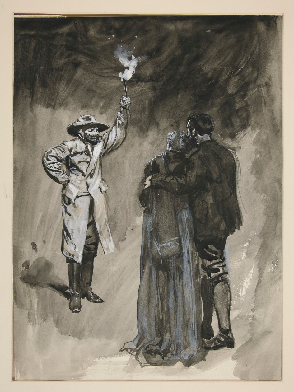 Par konfronteret på gaden af mand, der holder fakkel - uidentificeret illustration af Edwin Austin Abbey
