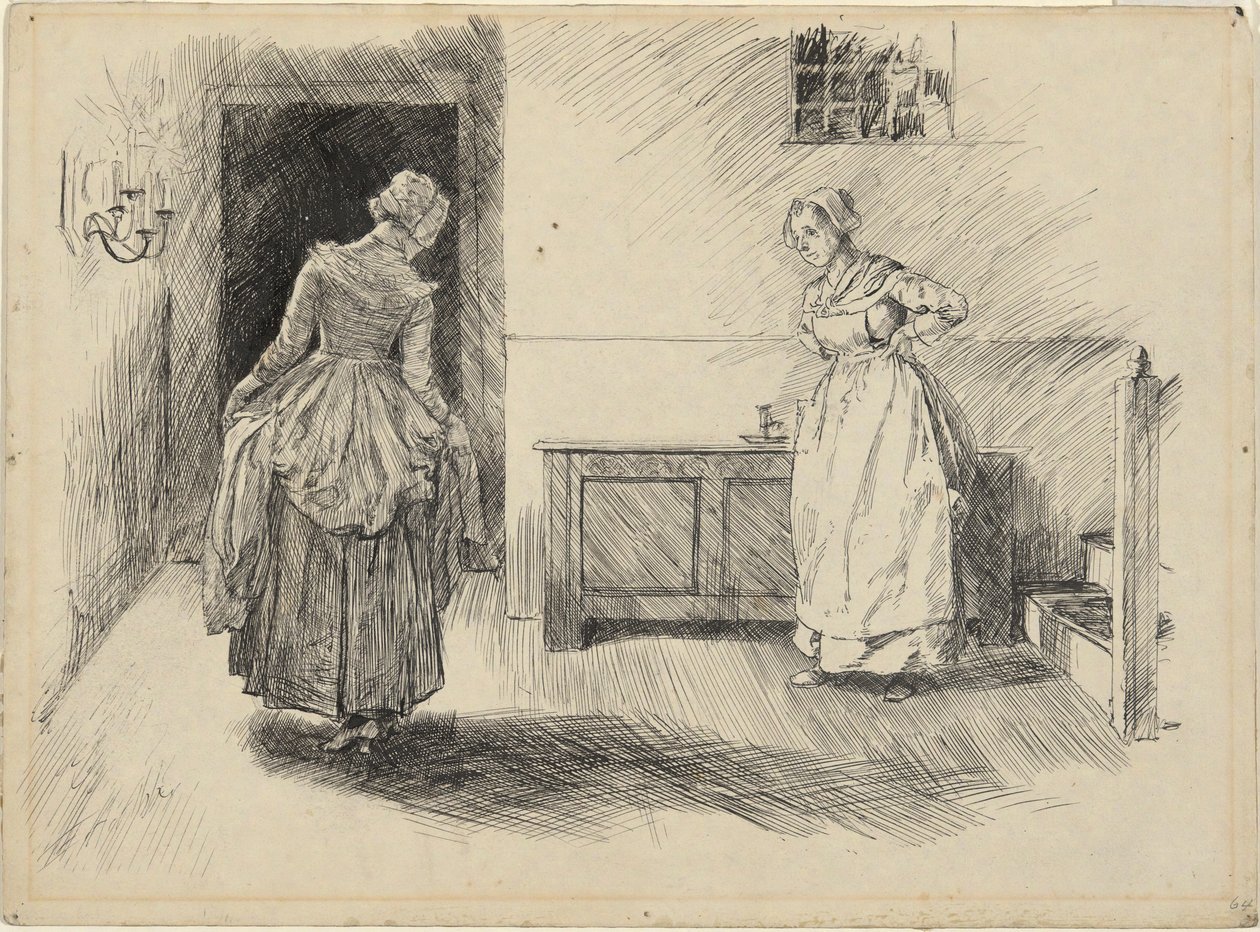 Indtast Mrs. Hardcastle & Maid, studie for Oliver Goldsmith af Edwin Austin Abbey