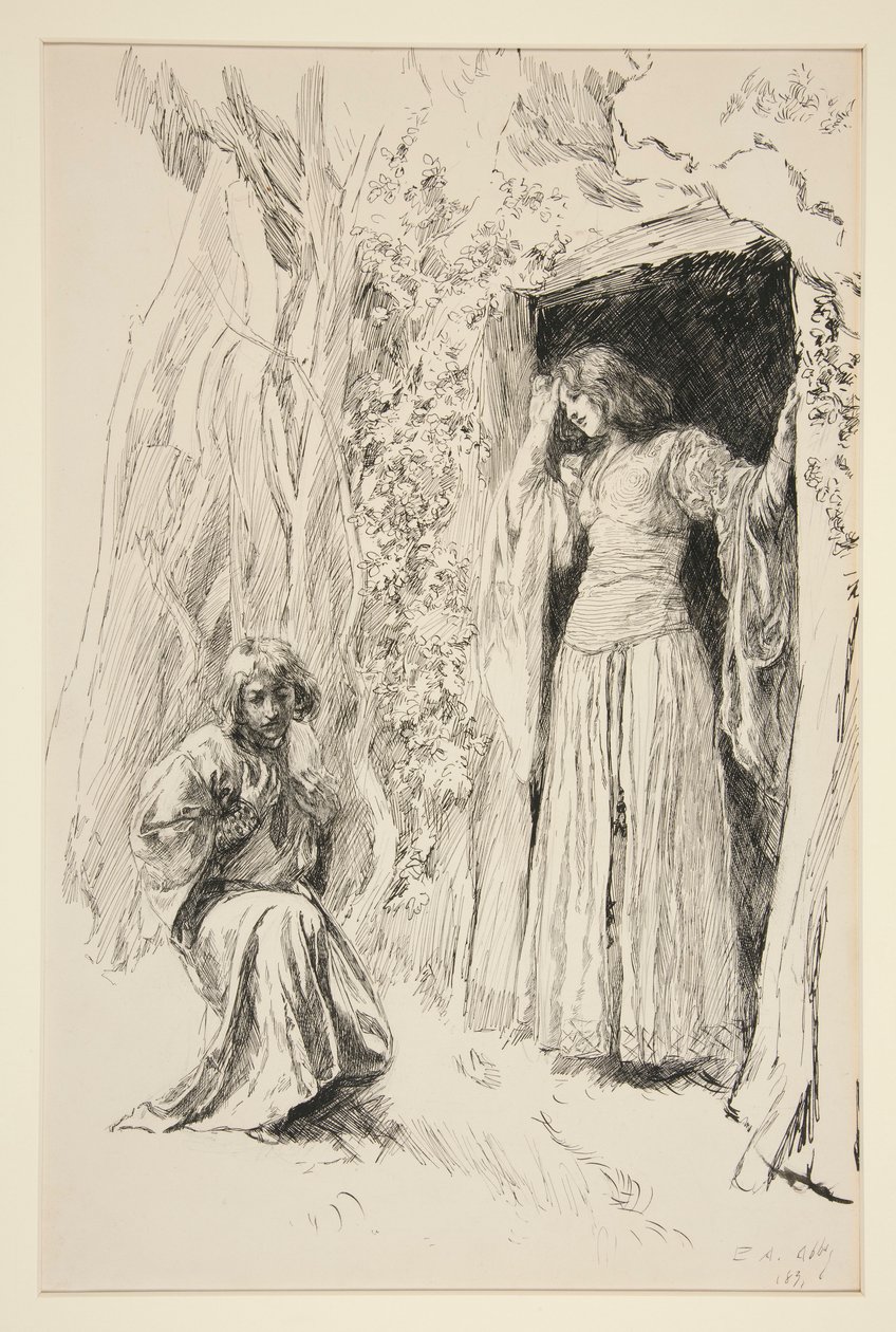Ferdinand møder Miranda, illustration til akt III, Scene i, Stormen af Edwin Austin Abbey