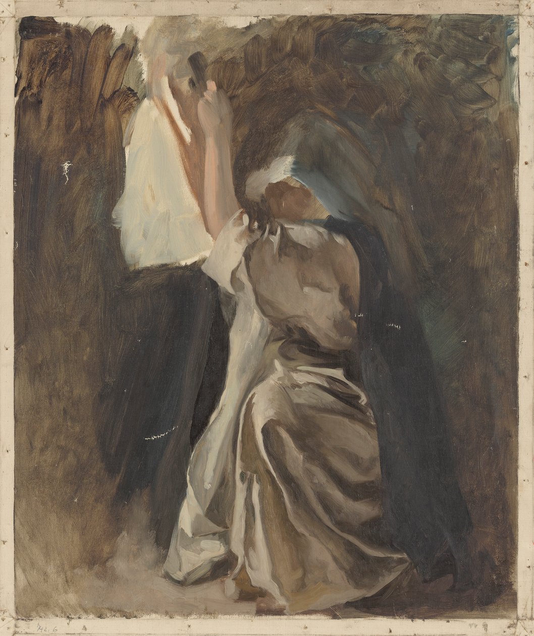 Figurstudie af en nonne, til Galahads barndom, i The Quest and Achievement of the Holy Grail, Book Delivery Room, Boston Public Library af Edwin Austin Abbey