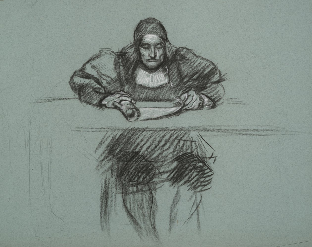 Figur for retssagen mod dronning Katherine. ekspedient ved skrivebordet af Edwin Austin Abbey