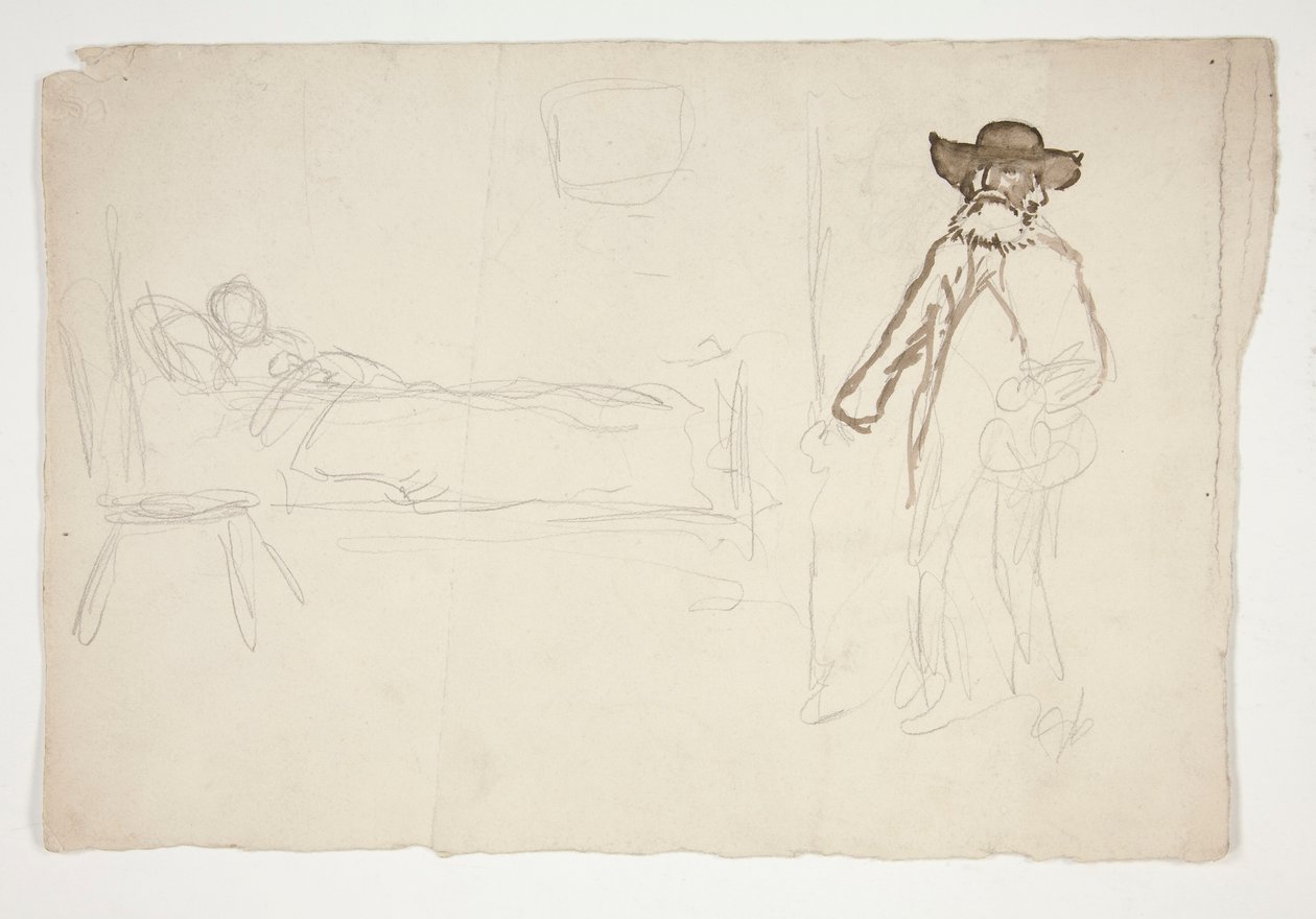 Figur i seng, mand ind i værelset - uidentificeret illustration af Edwin Austin Abbey