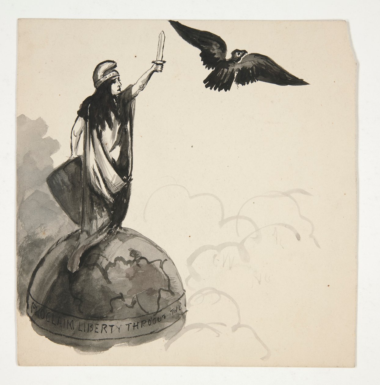 Frihedsfigur stående på globe med ørn (recto); Conestoga Wagon in Landscape (verso) af Edwin Austin Abbey