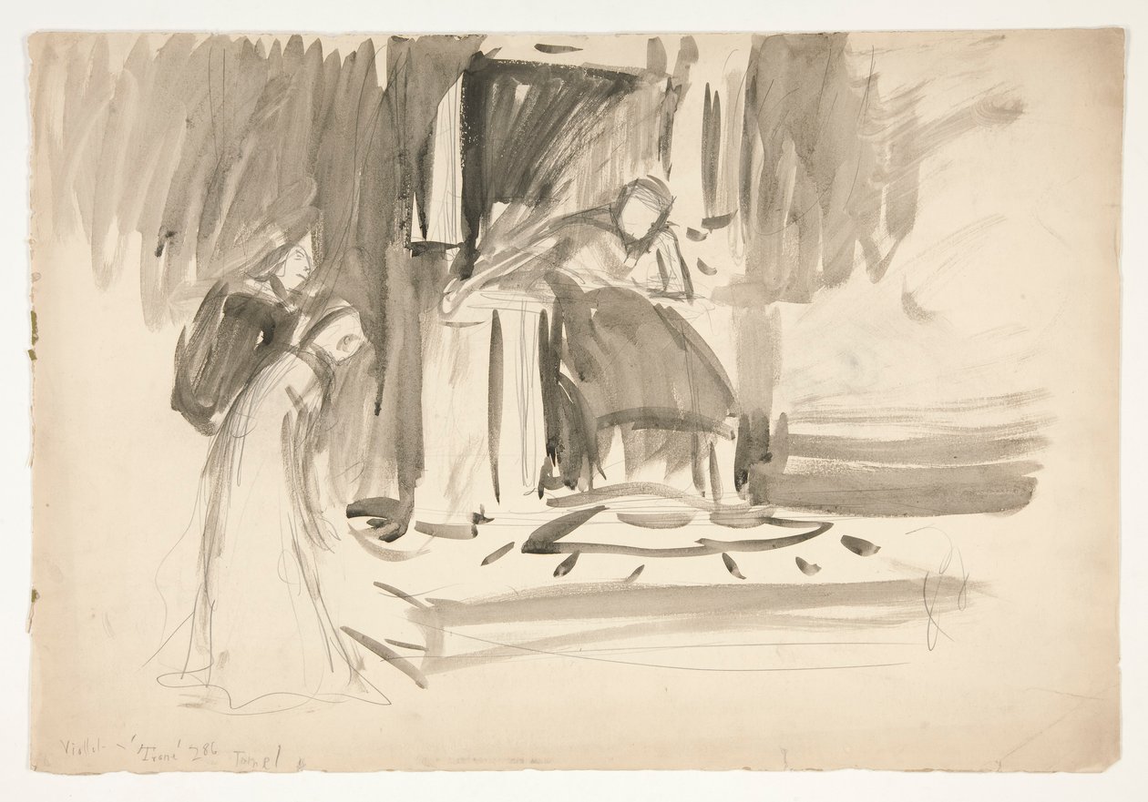 Figur på tronen, flankeret af to figurer, skitse til et uidentificeret Shakespeare-skuespil af Edwin Austin Abbey