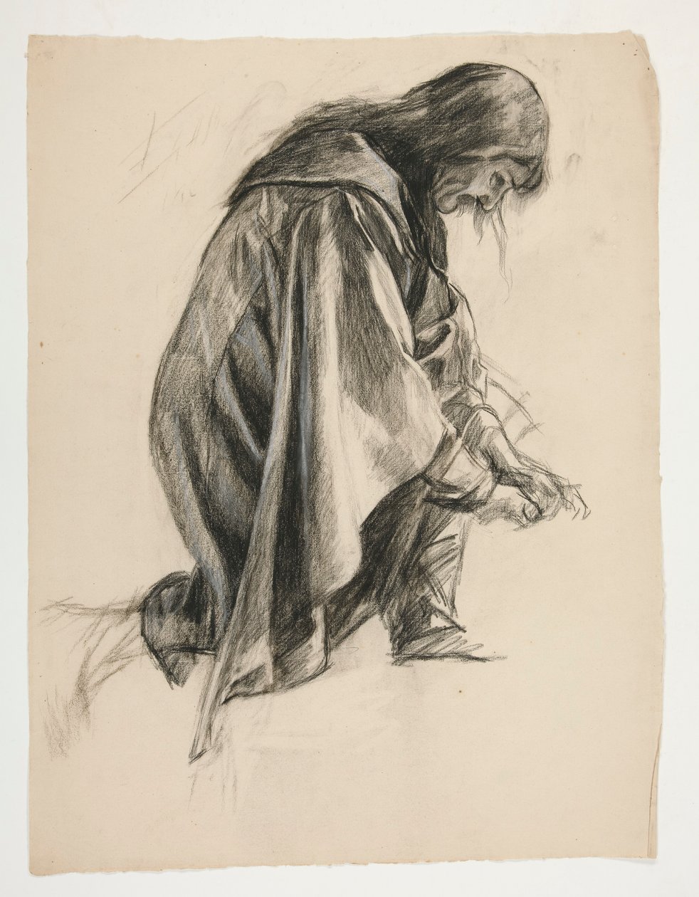 Figurstudie for Sir Lancelot og Sir Bors outfit Galahad med hans sporer (?), fra The Quest of the Holy Grail (det andet af en serie på femten malerier til Boston Public Library, færdiggjort i 1901) af Edwin Austin Abbey