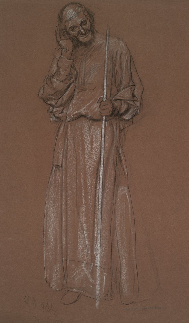 Figurstudie, gammel mand med stav, muligvis Polonius i af Edwin Austin Abbey