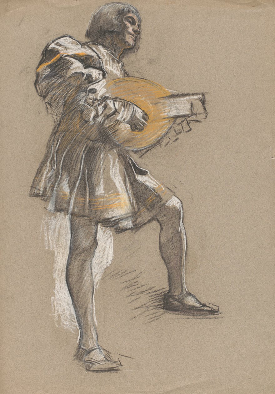 Figur med mandolin i middelalderdragt. af Edwin Austin Abbey