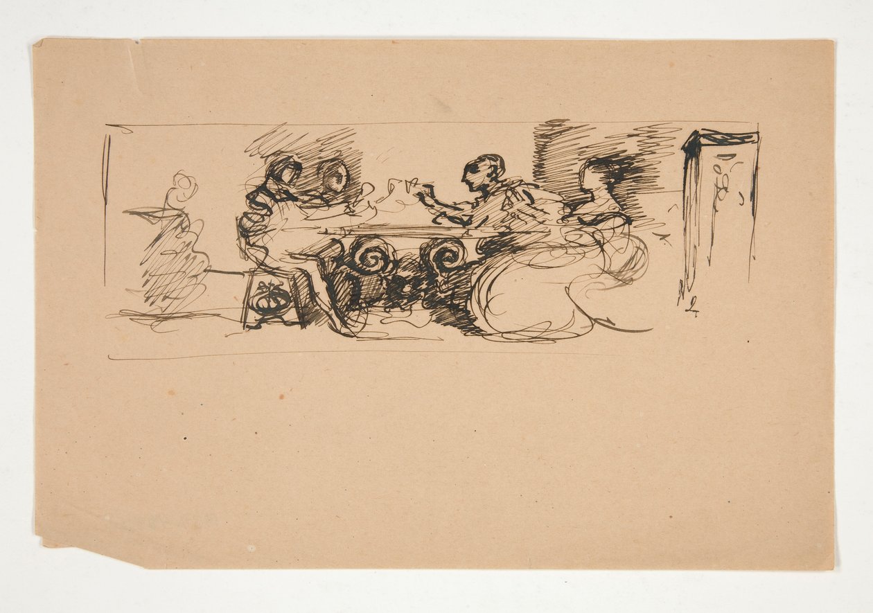 Figurer ved et bord - uidentificeret illustration af Edwin Austin Abbey