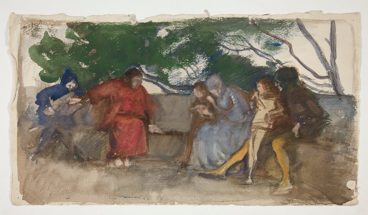 Figurer siddende langs en udendørs bænk af Edwin Austin Abbey