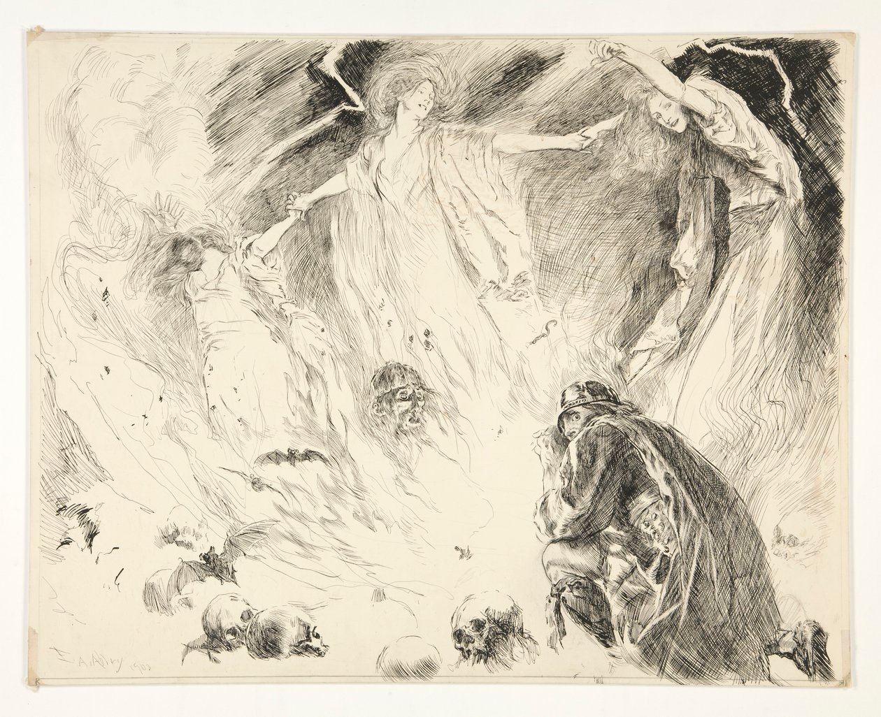 Første åbenbaring: Macbeth! Macbeth! Macbeth! pas på Macduff., Act IV, Scene 1, Macbeth af Edwin Austin Abbey
