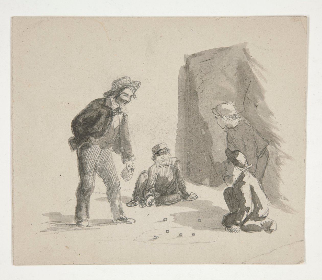Fire drenge spiller kugler (recto); Uidentificeret illustration af dreng ved staffeli i interiøret (verso) af Edwin Austin Abbey