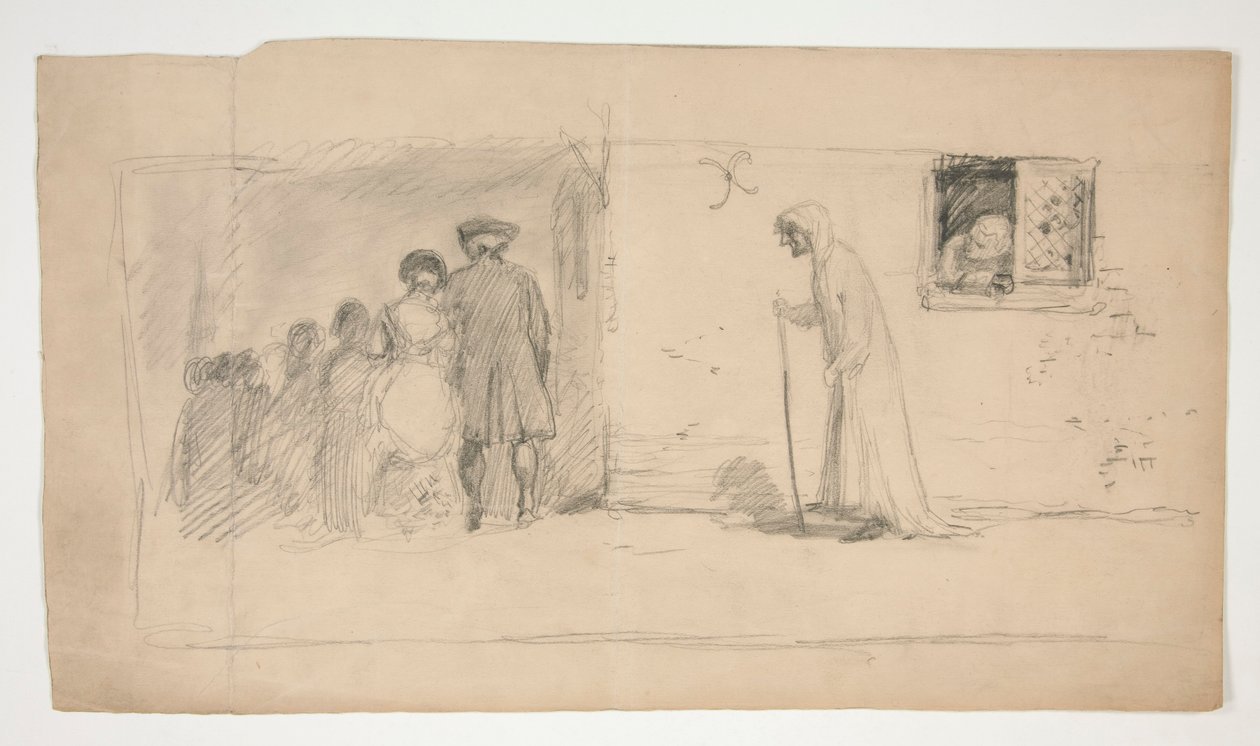 Gruppe af figurer udenfor stenhus - uidentificeret illustration af Edwin Austin Abbey