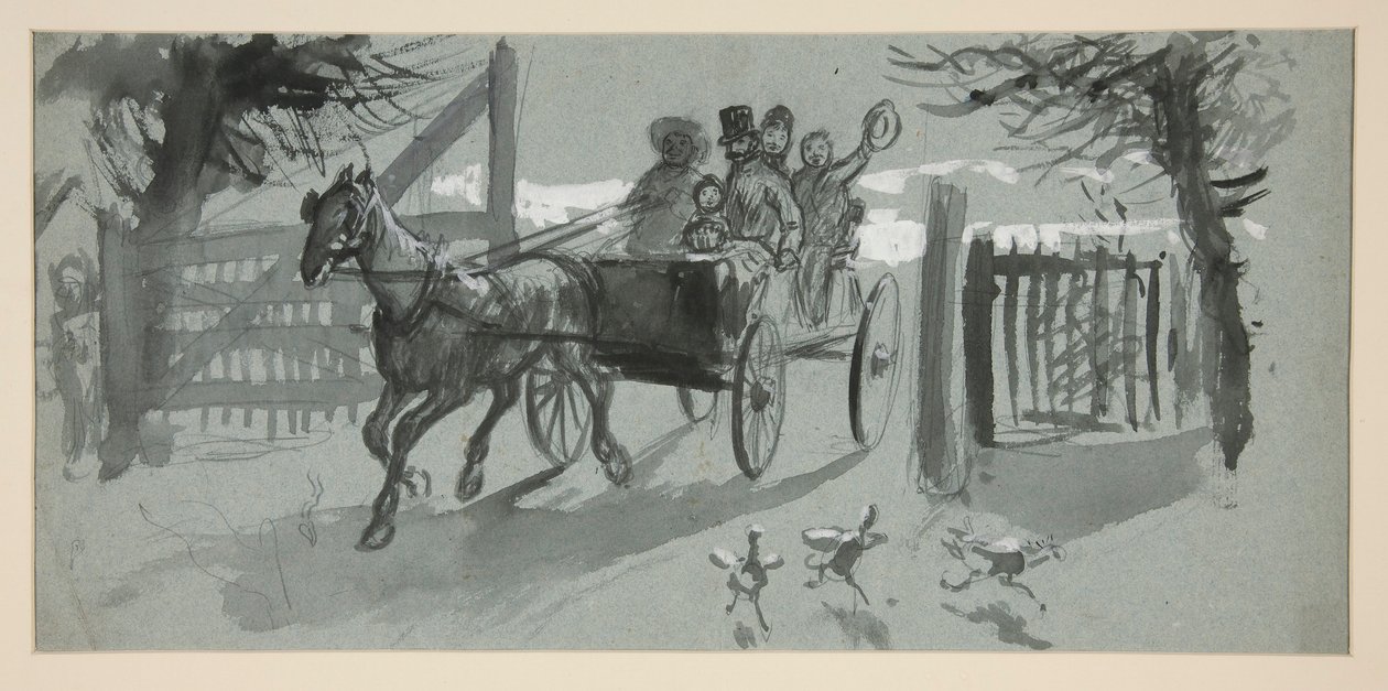 Gruppe af mennesker i en åben vogn - (uidentificeret illustration) af Edwin Austin Abbey