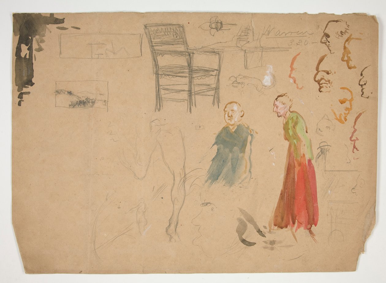 Hoved- og figurstudier og studie af en stol (recto); Skitser til bogillustrationer (verso) af Edwin Austin Abbey