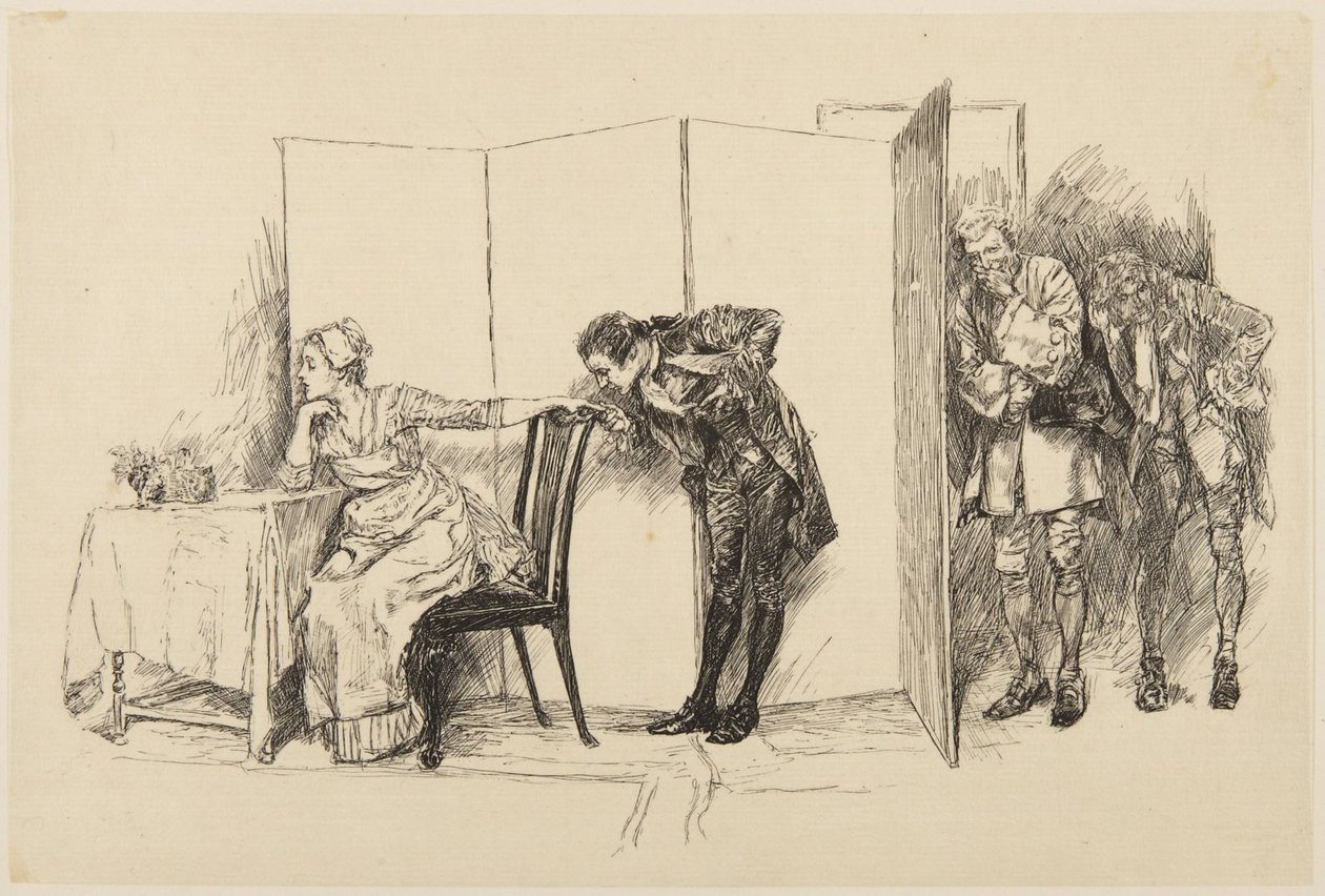Illustration til Goldsmiths She Stoops to Conquer: „Her bag denne skærm“ af Edwin Austin Abbey