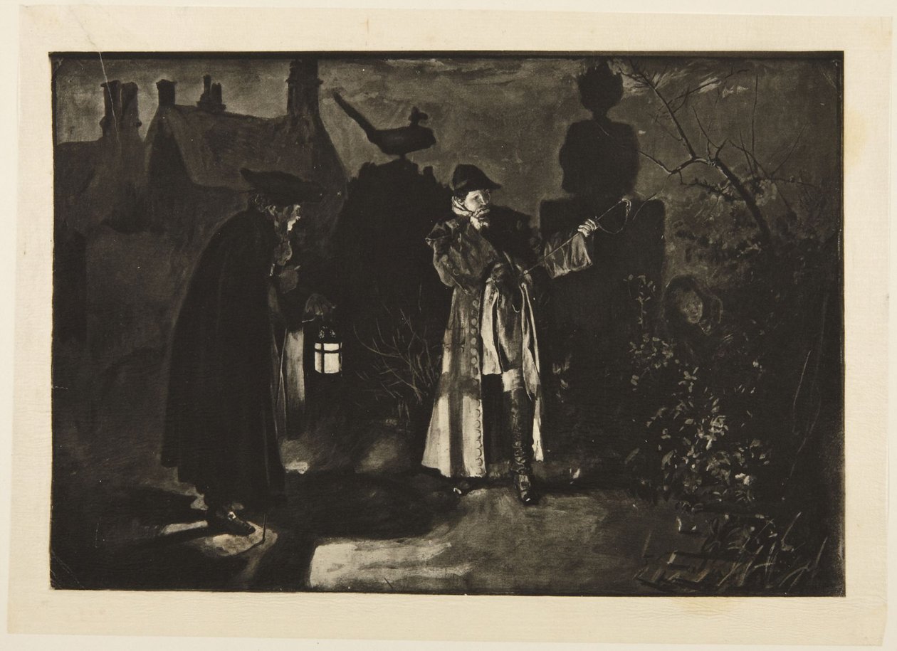 Illustration til Goldsmiths „She Stoops to Conquer“: „Jeg tager fejl, eller jeg hørte stemmer“ af Edwin Austin Abbey