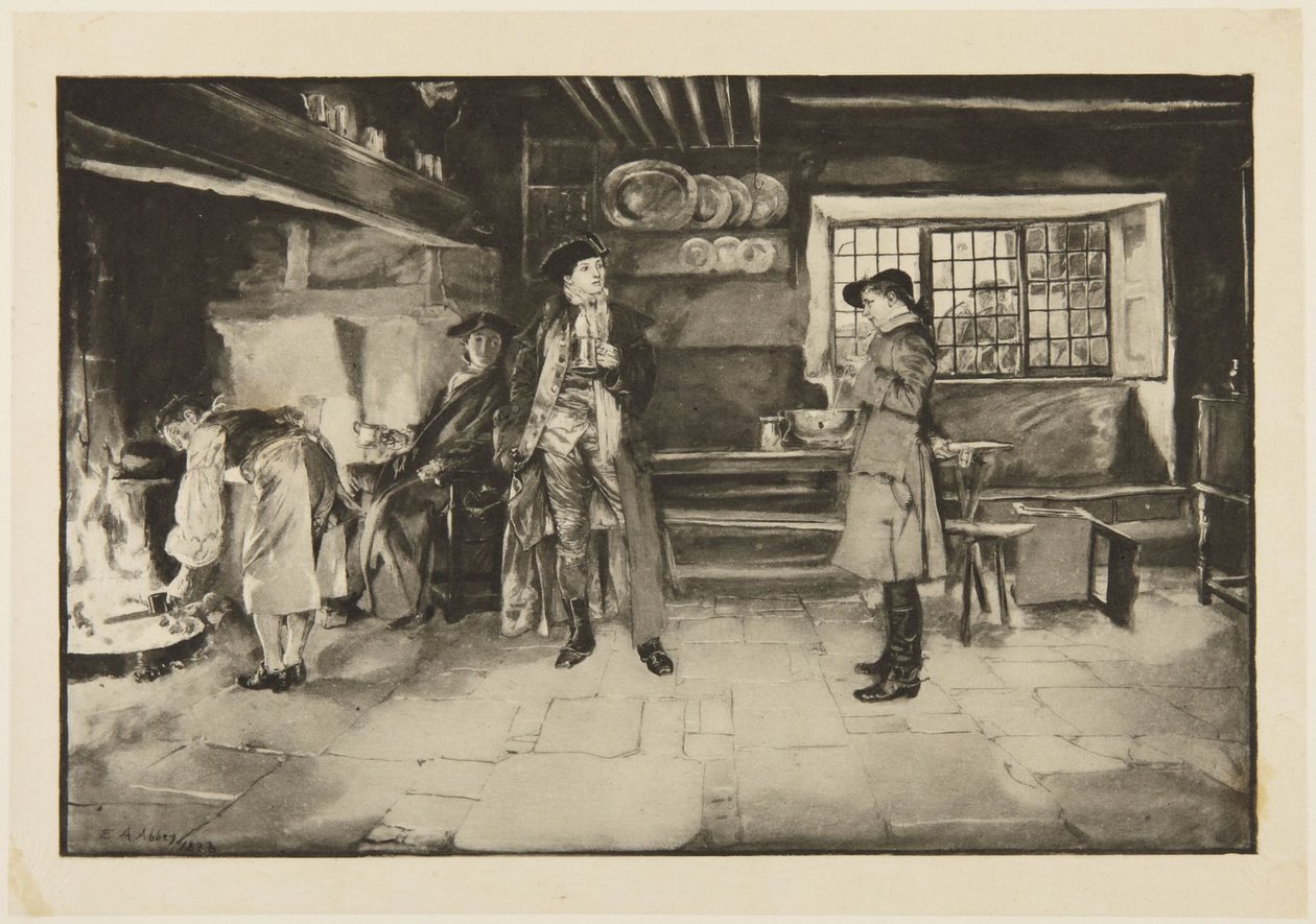 Illustration til Goldsmiths She Stoops to Conquer: «Ingen fornærmelse, men spørgsmål for spørgsmål er helt fair, De ved» af Edwin Austin Abbey