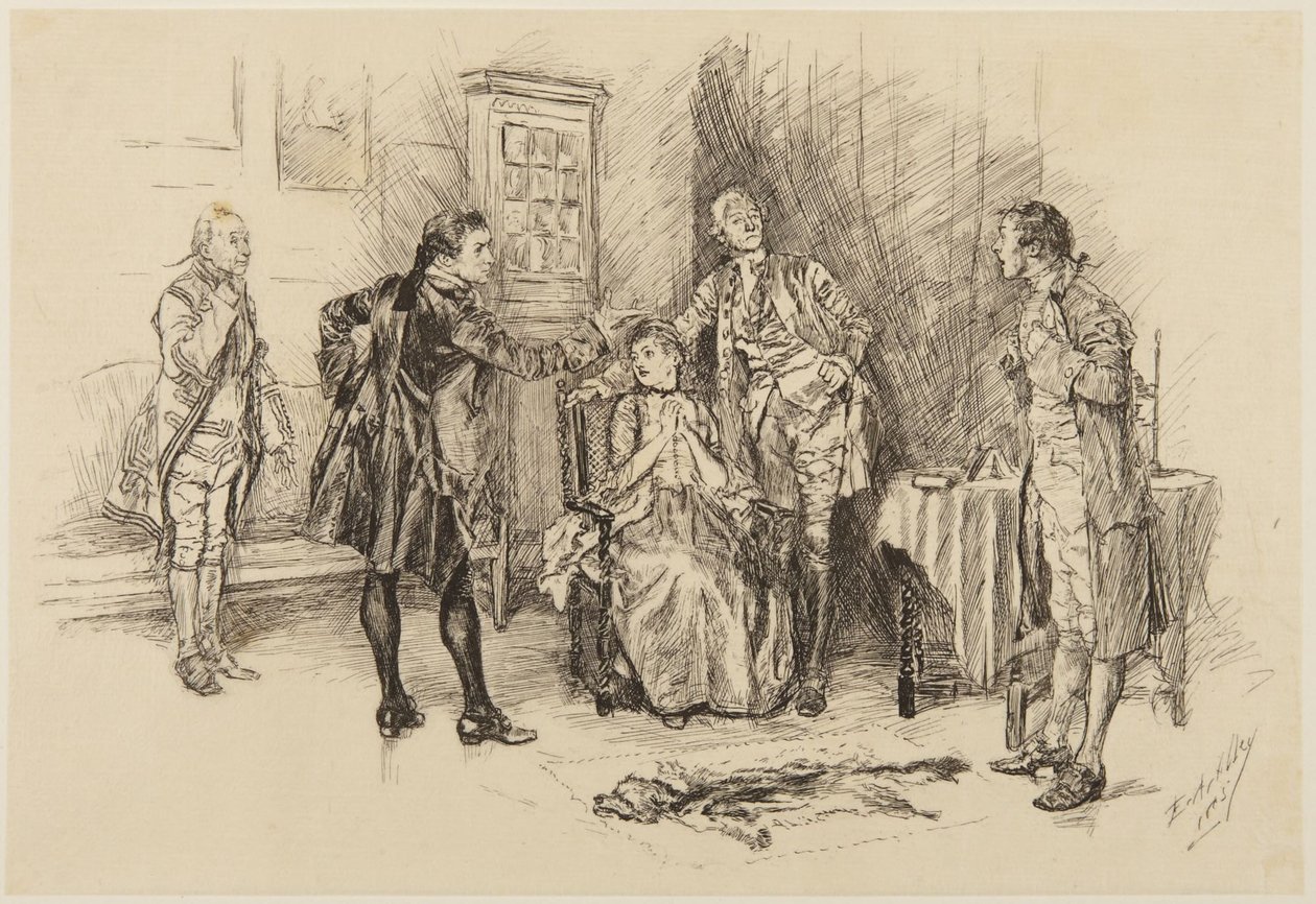 Illustration til Goldsmiths *She Stoops to Conquer*: »Var det klogt af Dem, hr., at hjælpe med at gøre mig til grin« af Edwin Austin Abbey