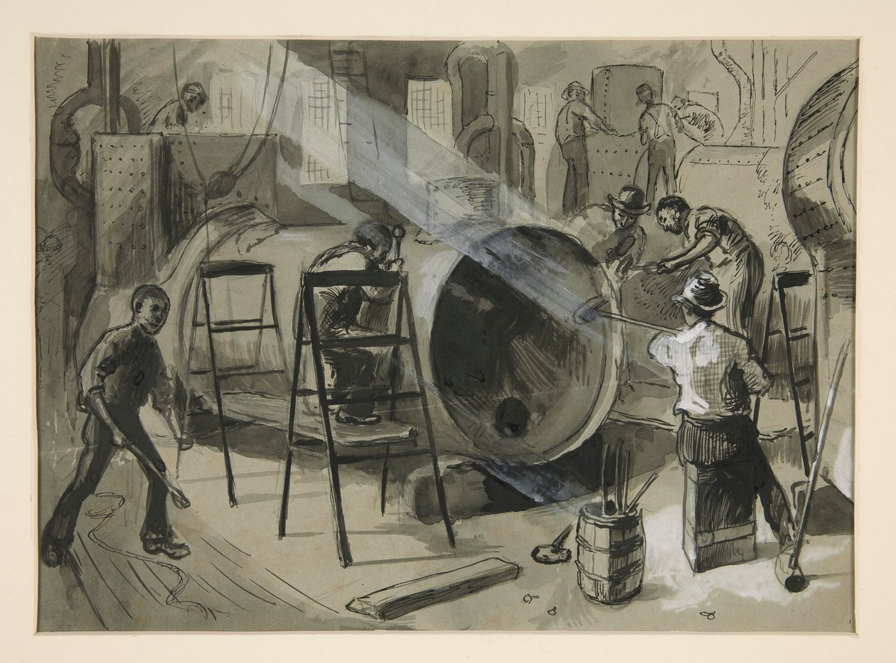 Illustration inde i en fabrik af Edwin Austin Abbey