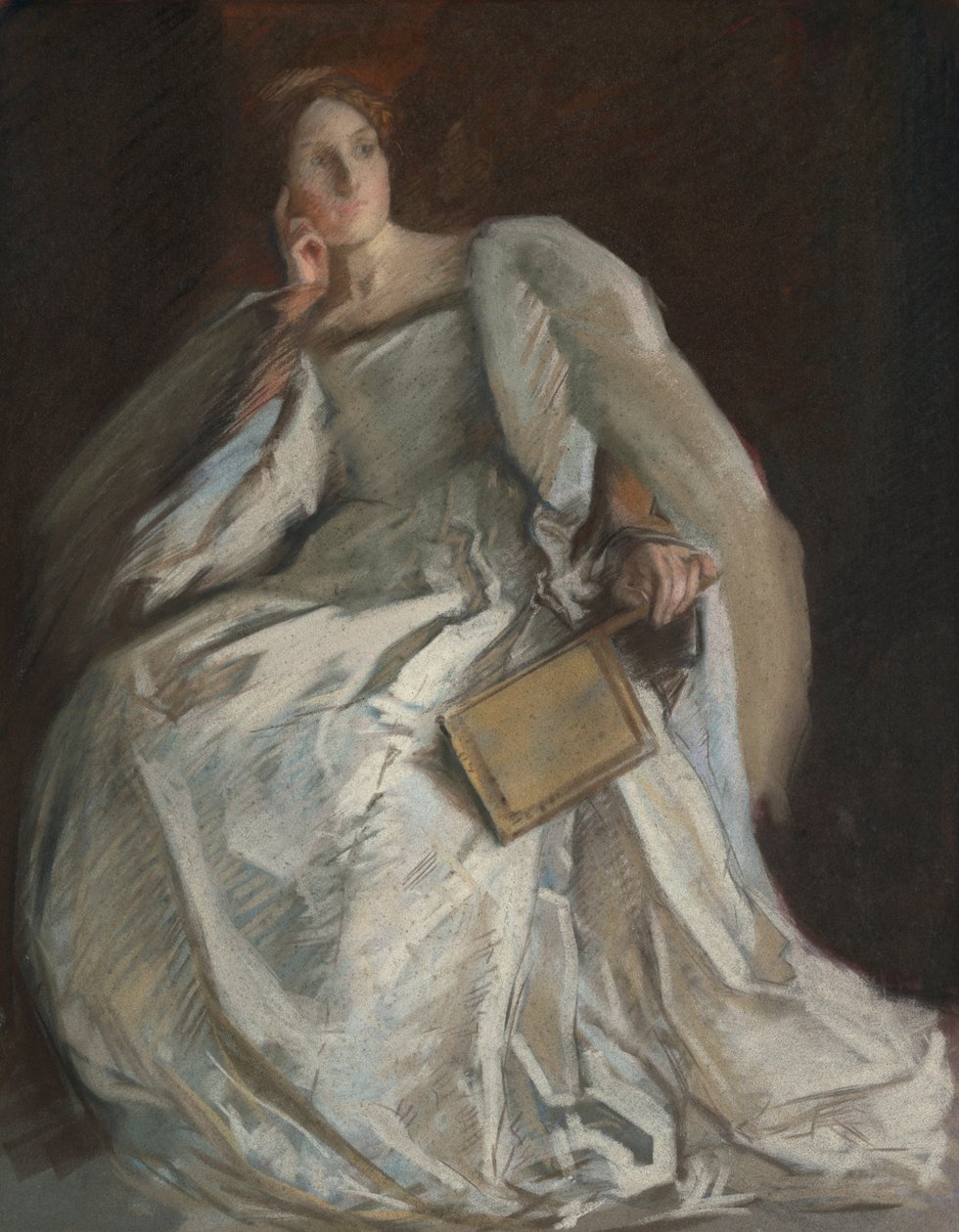 Dame i hvidt siddende. Højre hånd til hage. Holdende blæser. af Edwin Austin Abbey