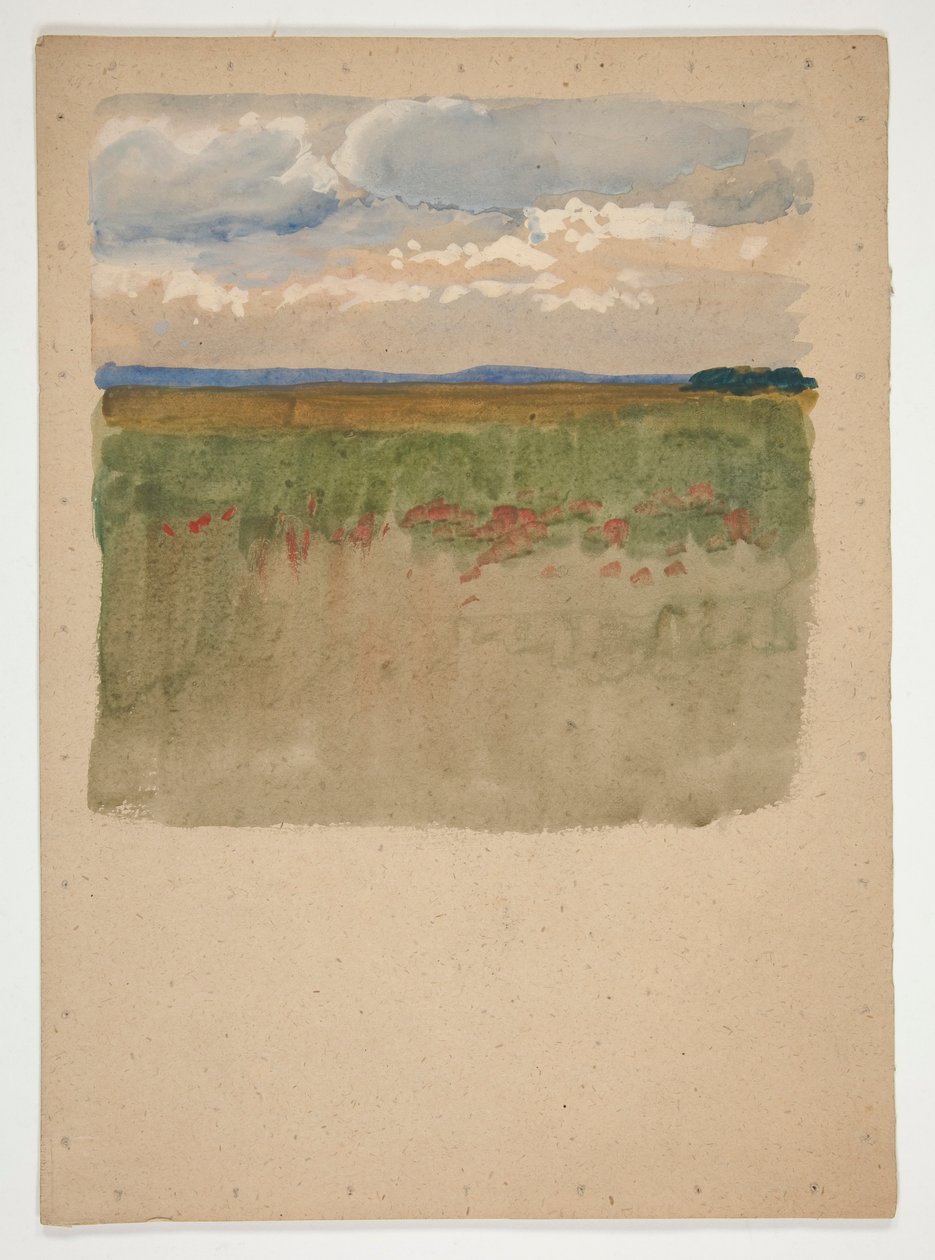 Landskab med felt, horisont, himmel af Edwin Austin Abbey