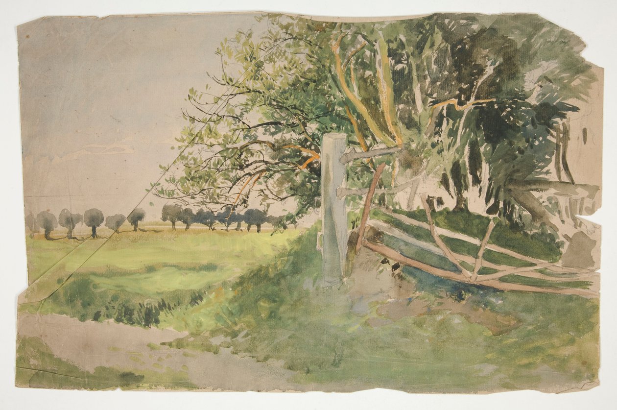 Landskab med træer og brudt hegn af Edwin Austin Abbey