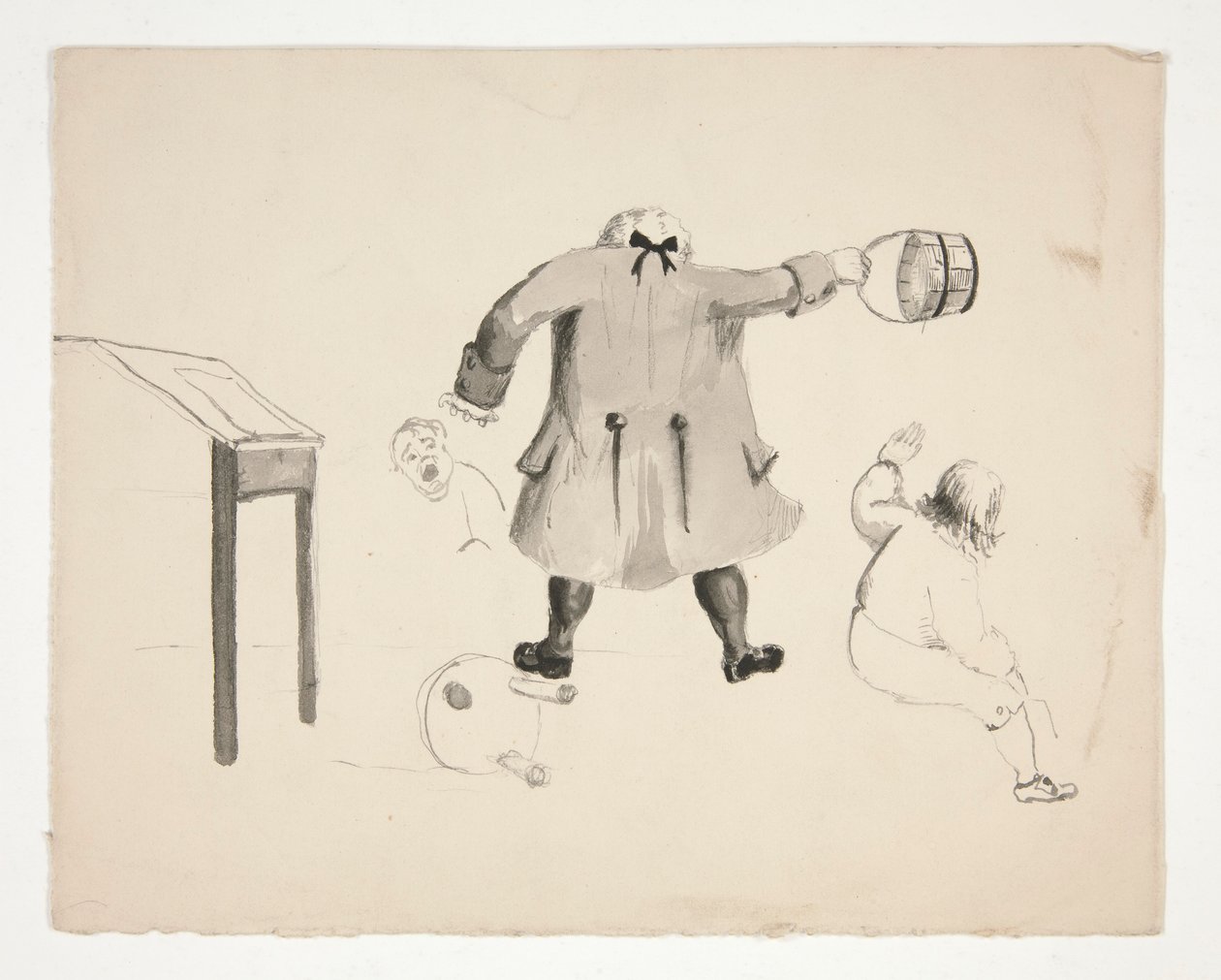 Mand svingende spand på to drenge (recto); To mænd bag en mur (verso) af Edwin Austin Abbey