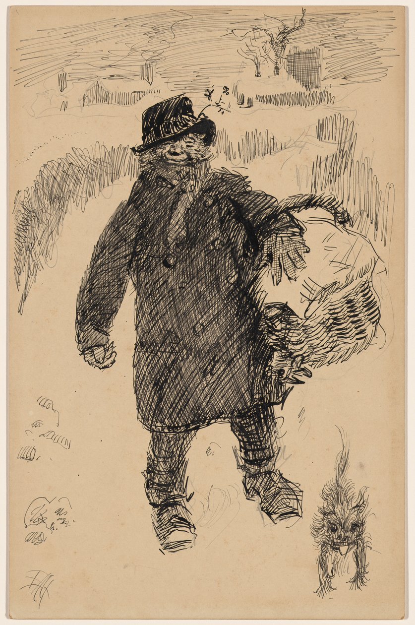 Mand, der går i sneen med en tildækket kurv, ledsaget af en lille terrier af Edwin Austin Abbey