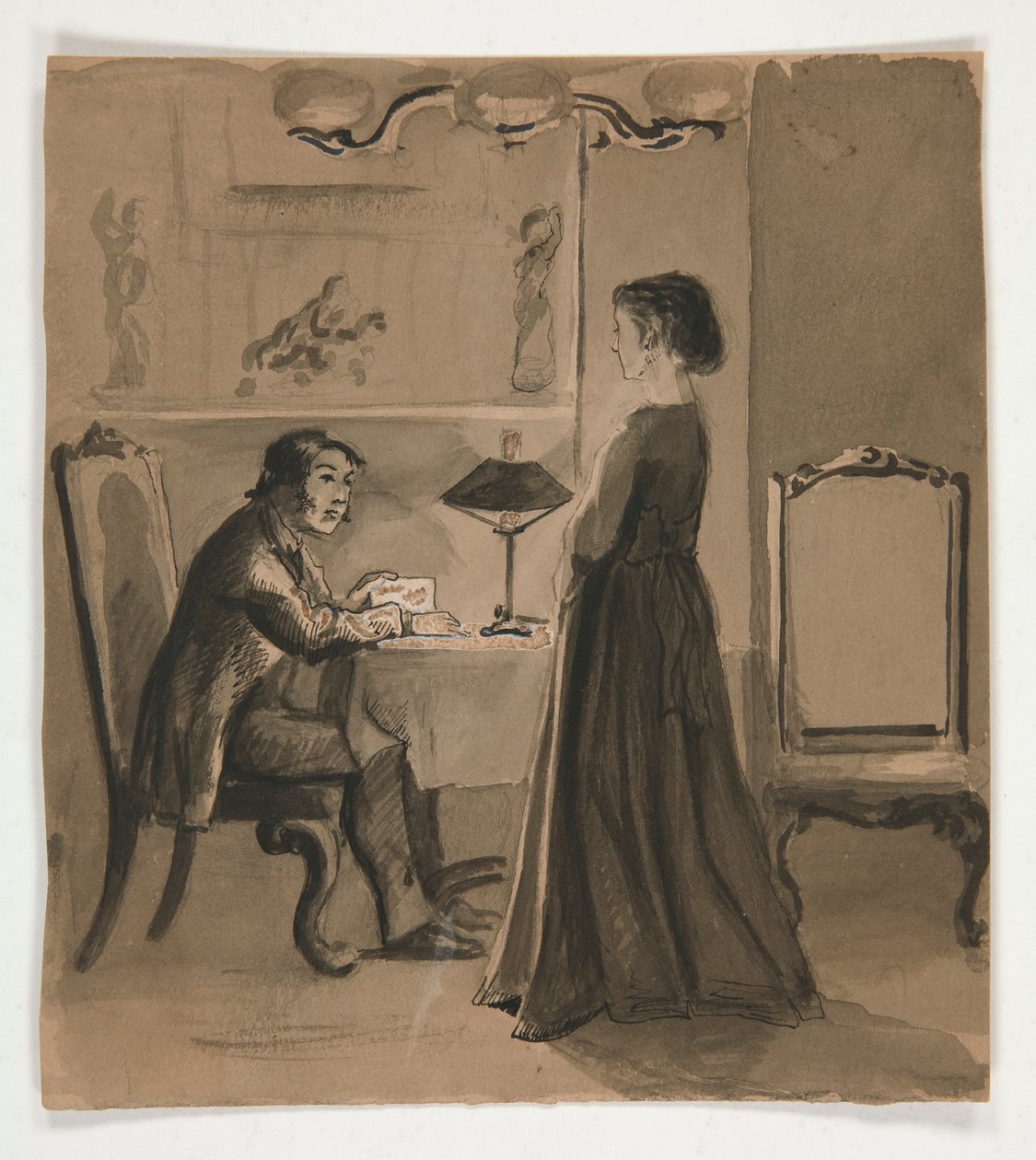Mand og kvinde i et interiør - uidentificeret illustration af Edwin Austin Abbey