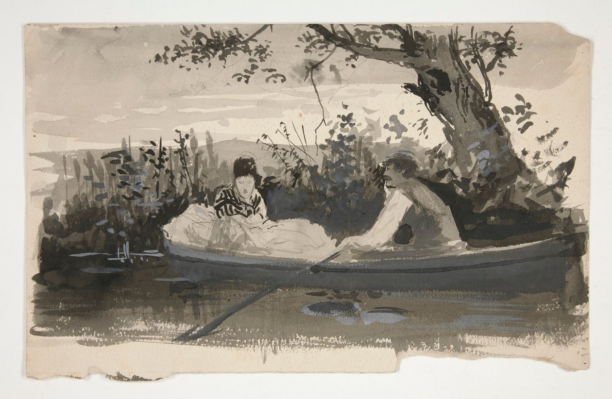 Mand og kvinde i robåd, nær flodbredden - uidentificeret illustration af Edwin Austin Abbey