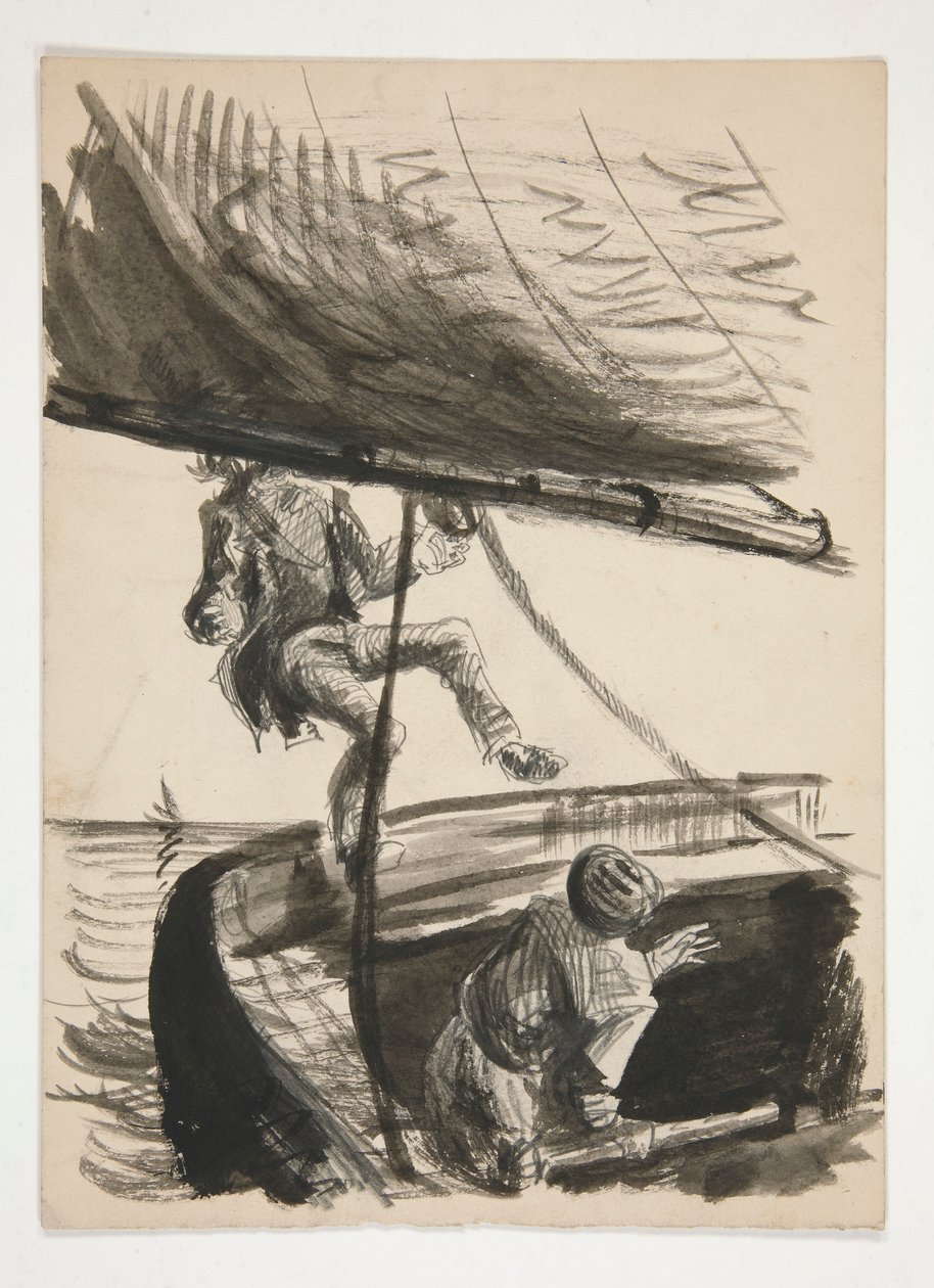 Mand, der bliver slået overbord af bom fra sejlbåd (recto); Uidentificeret illustration af dreng skinnende mand af Edwin Austin Abbey