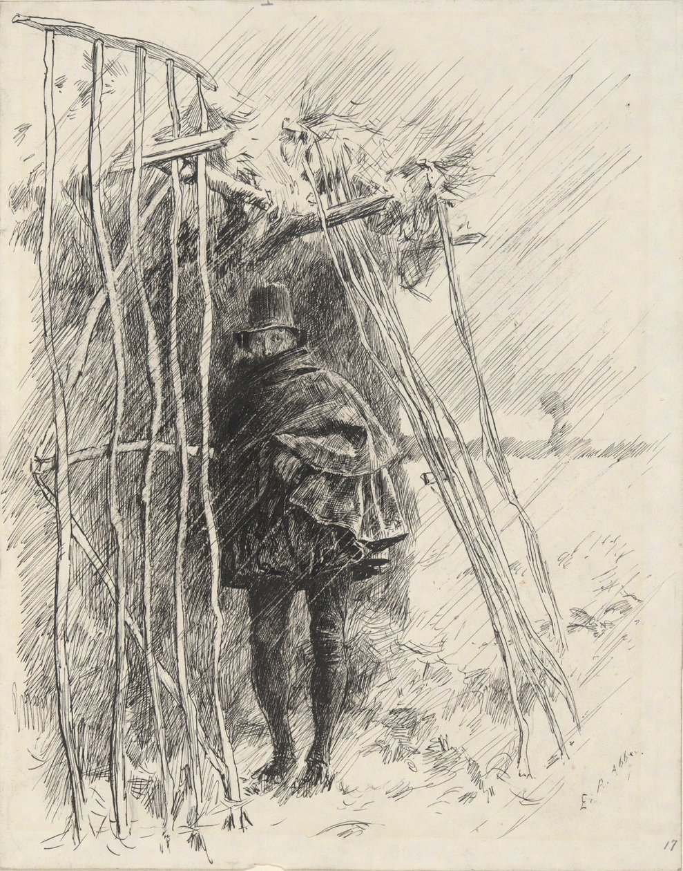 Man in Rain, studere til illustration til af Edwin Austin Abbey