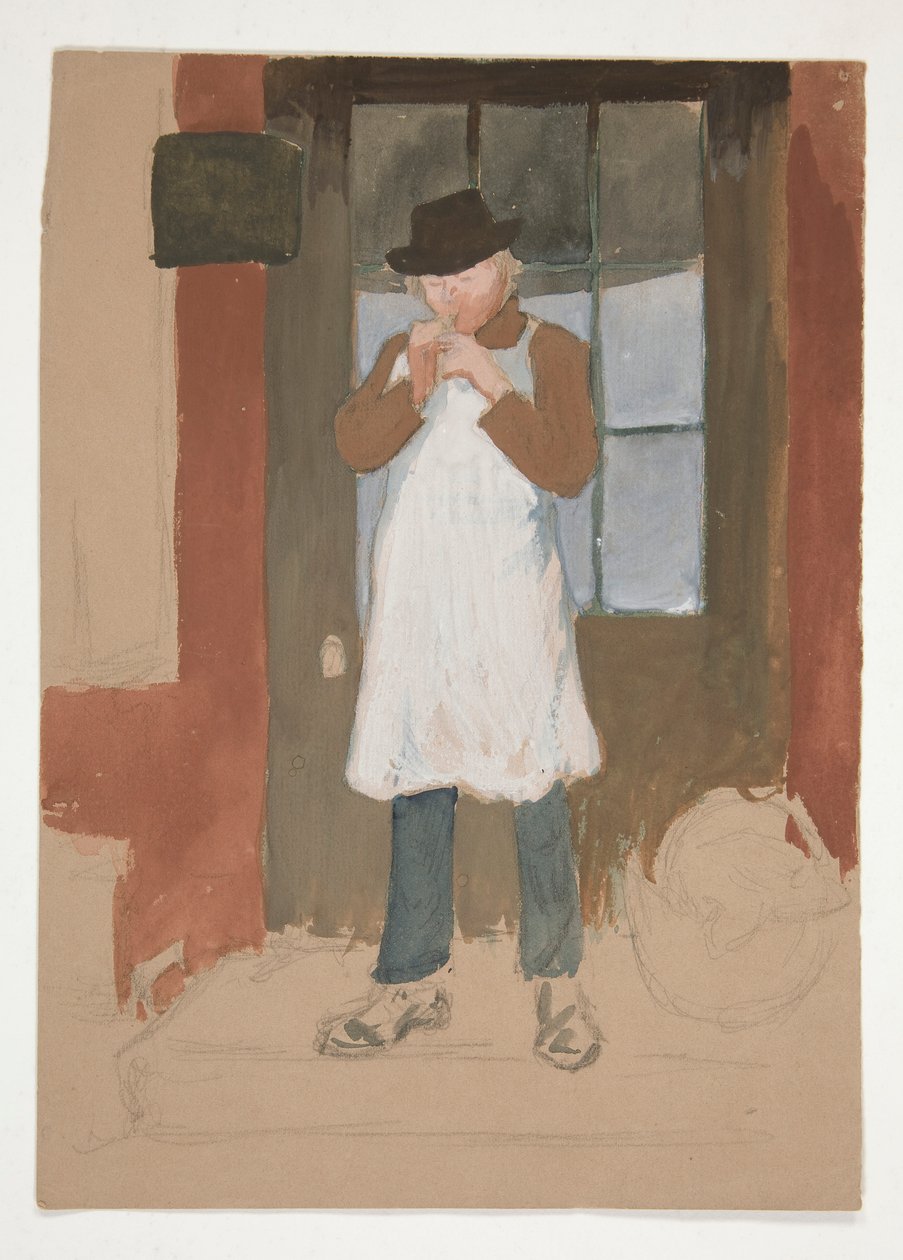 Mand tænder et rør i døråbningen - uidentificeret illustration af Edwin Austin Abbey