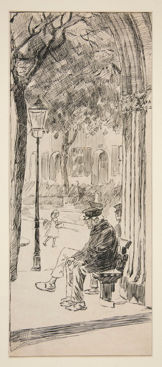 Mand på parkbænk - uidentificeret illustration af Edwin Austin Abbey