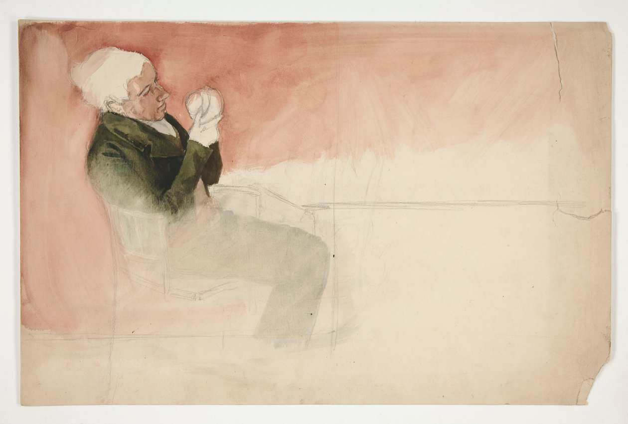 Mand siddende, undersøger indersiden af en skål - (uidentificeret illustration) af Edwin Austin Abbey
