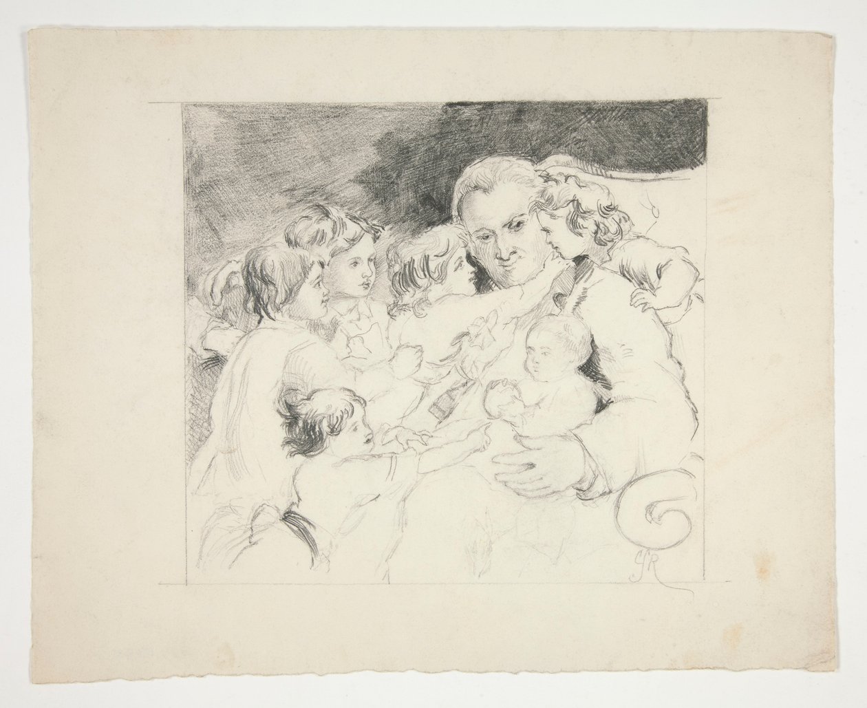Mand med børn omkring sig - uidentificeret illustration af Edwin Austin Abbey