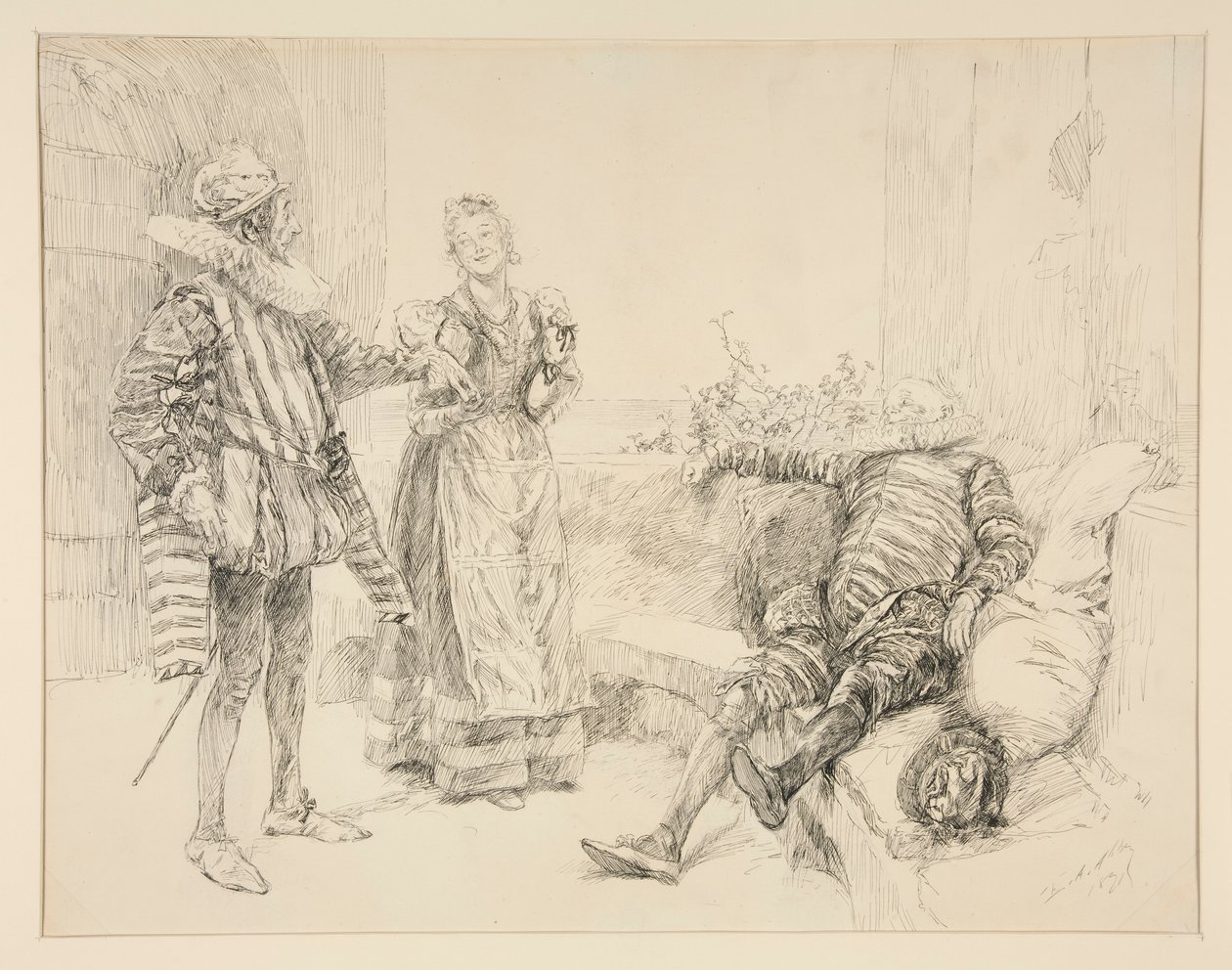Maria, Sir Andrew og Toby, illustration til 1. akt, Scene iii, Twelfth Night af Edwin Austin Abbey