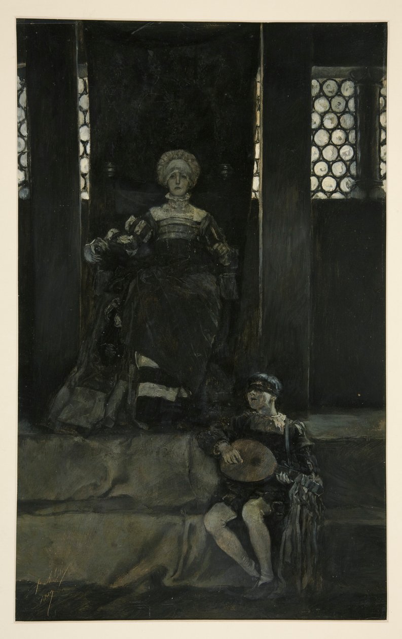 Mariana og dreng synger - Akt III, Scene I, Mål for Mål af Edwin Austin Abbey