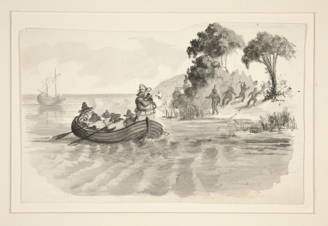 Mænd i robåd, der flygter fra indianere på land - uidentificeret illustration (Columbus opdager den nye verden?) - opdagelsesrejsende lander i den nye verden af Edwin Austin Abbey