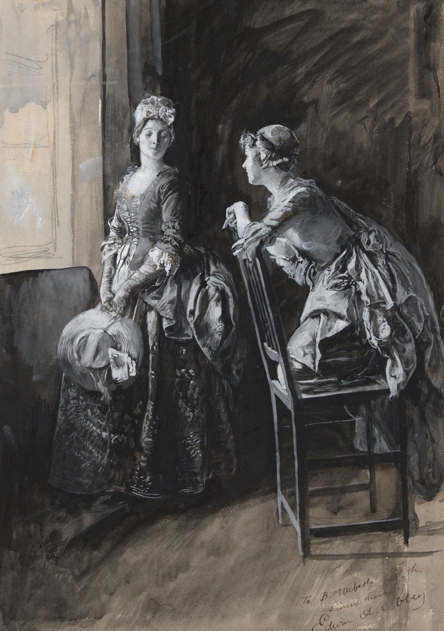 Miss Neville og Miss Hardcastle, illustration til Oliver Goldsmith af Edwin Austin Abbey