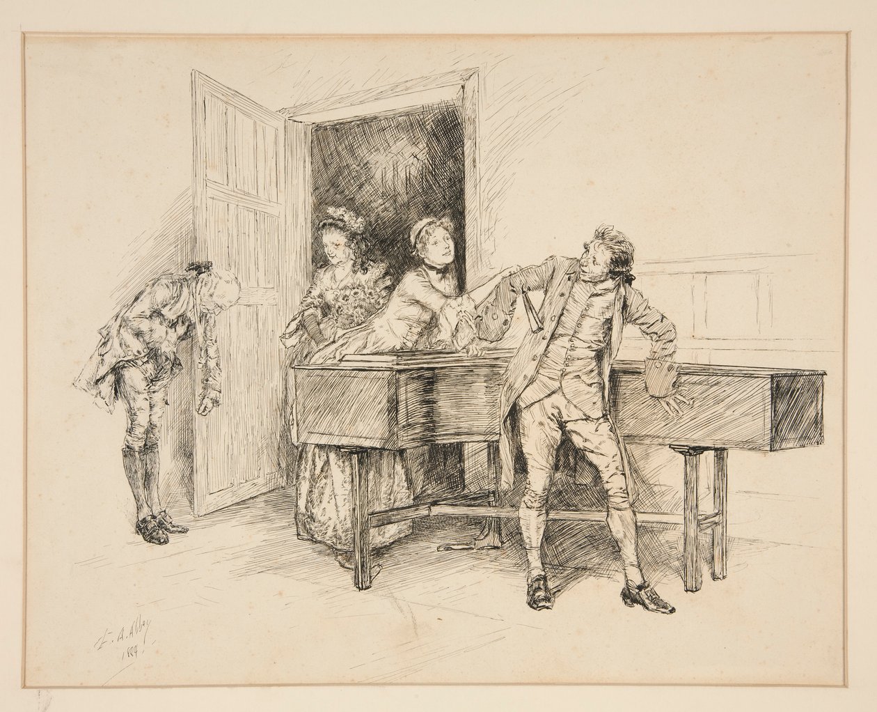 Nan og klaver, illustration for Oliver Goldsmith af Edwin Austin Abbey