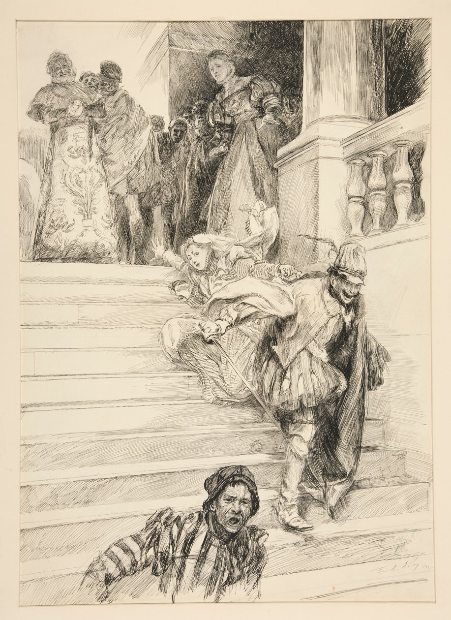 Petruchio bærer sin brud af sig, fra akt III, Scene ii, Taming of the Shrew af Edwin Austin Abbey