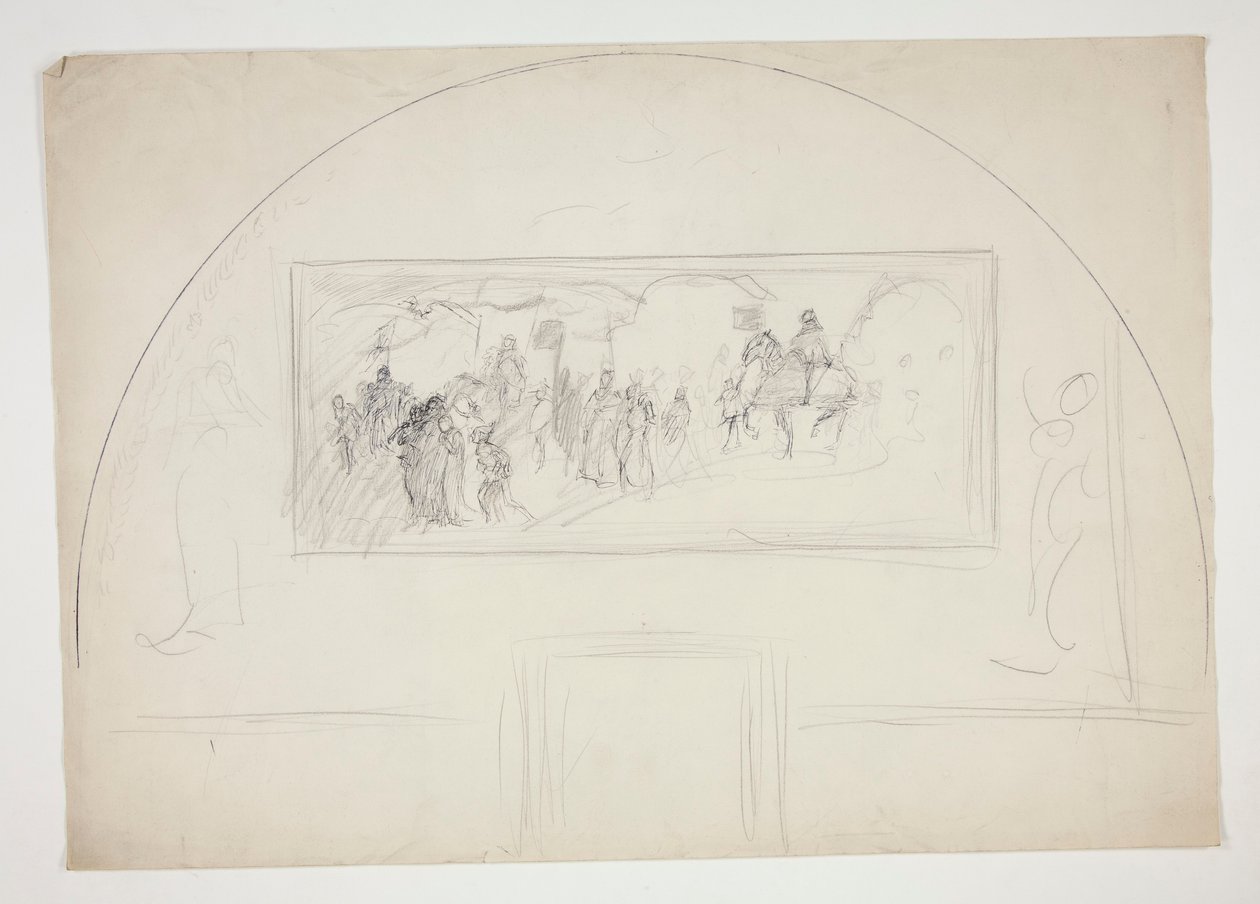 Planlæg installationen af et af The Quest of the Holy Grail-vægmalerier på Boston Public Library af Edwin Austin Abbey