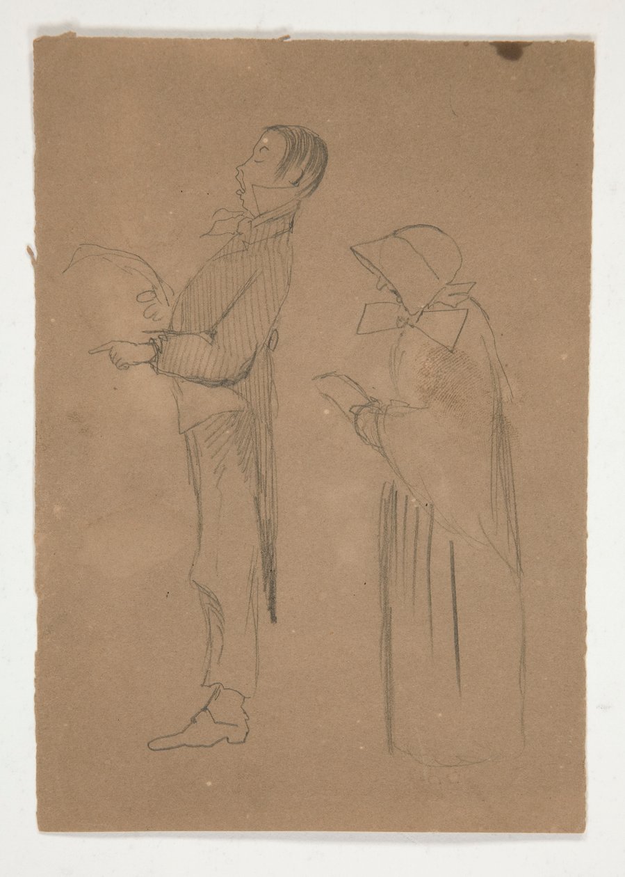 Profilstudier af mand og gammel kvinde (recto); Tre skitser af hoveder og uidentificeret skitse (verso) af Edwin Austin Abbey