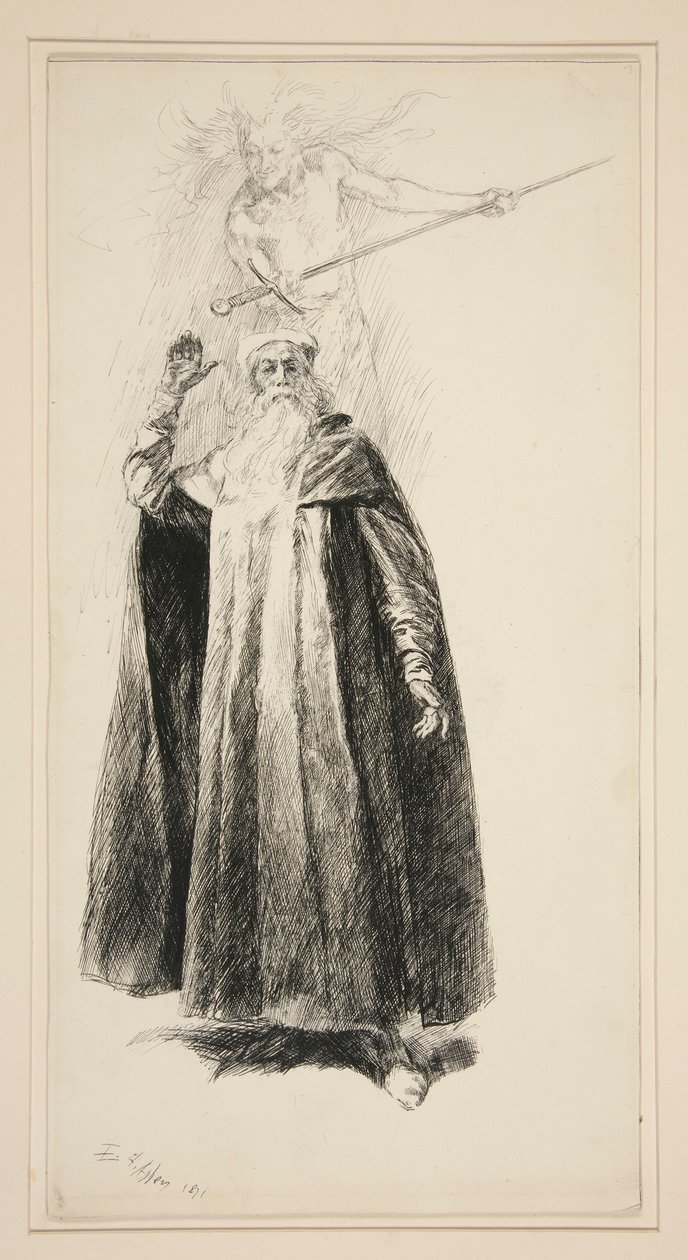 Prospero og Ariel, illustration til 5. akt, Scene i, Stormen af Edwin Austin Abbey
