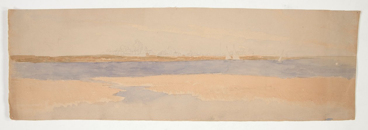 Flodlandskab med by på Far Shore af Edwin Austin Abbey