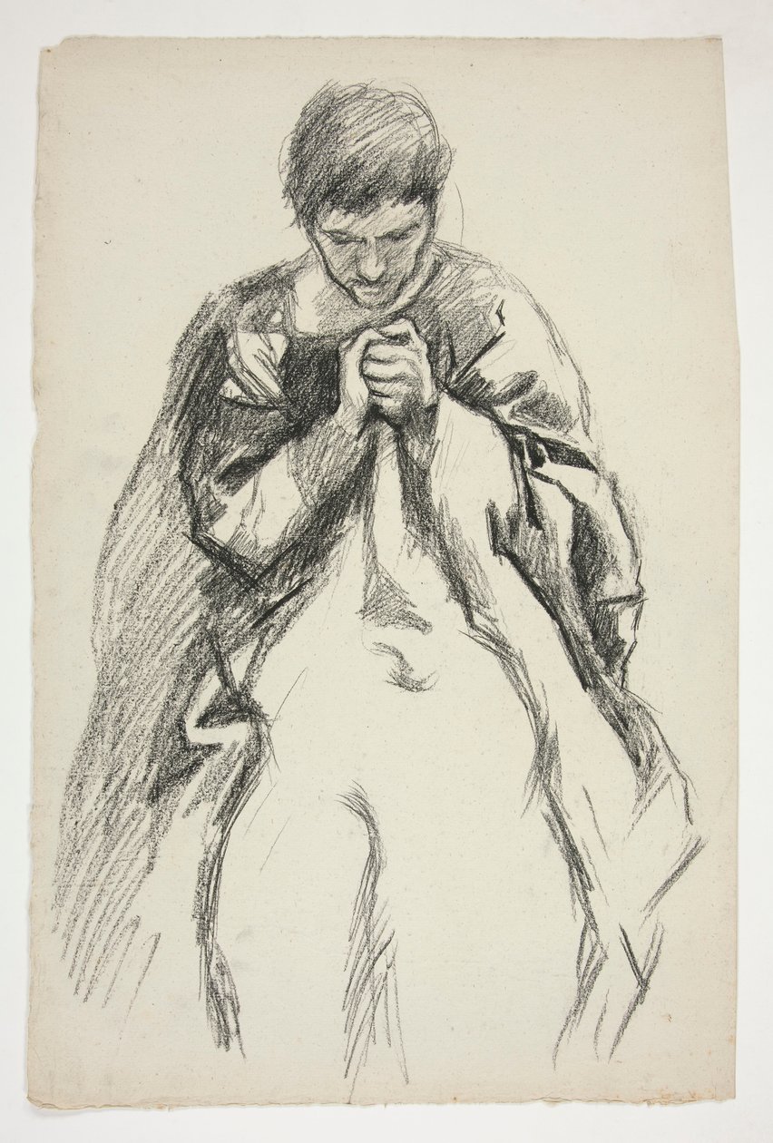 Klædt skikkelse, der beder: Studium til vægmaleriserien The Quest of the Holy Grail på Boston Public Library af Edwin Austin Abbey