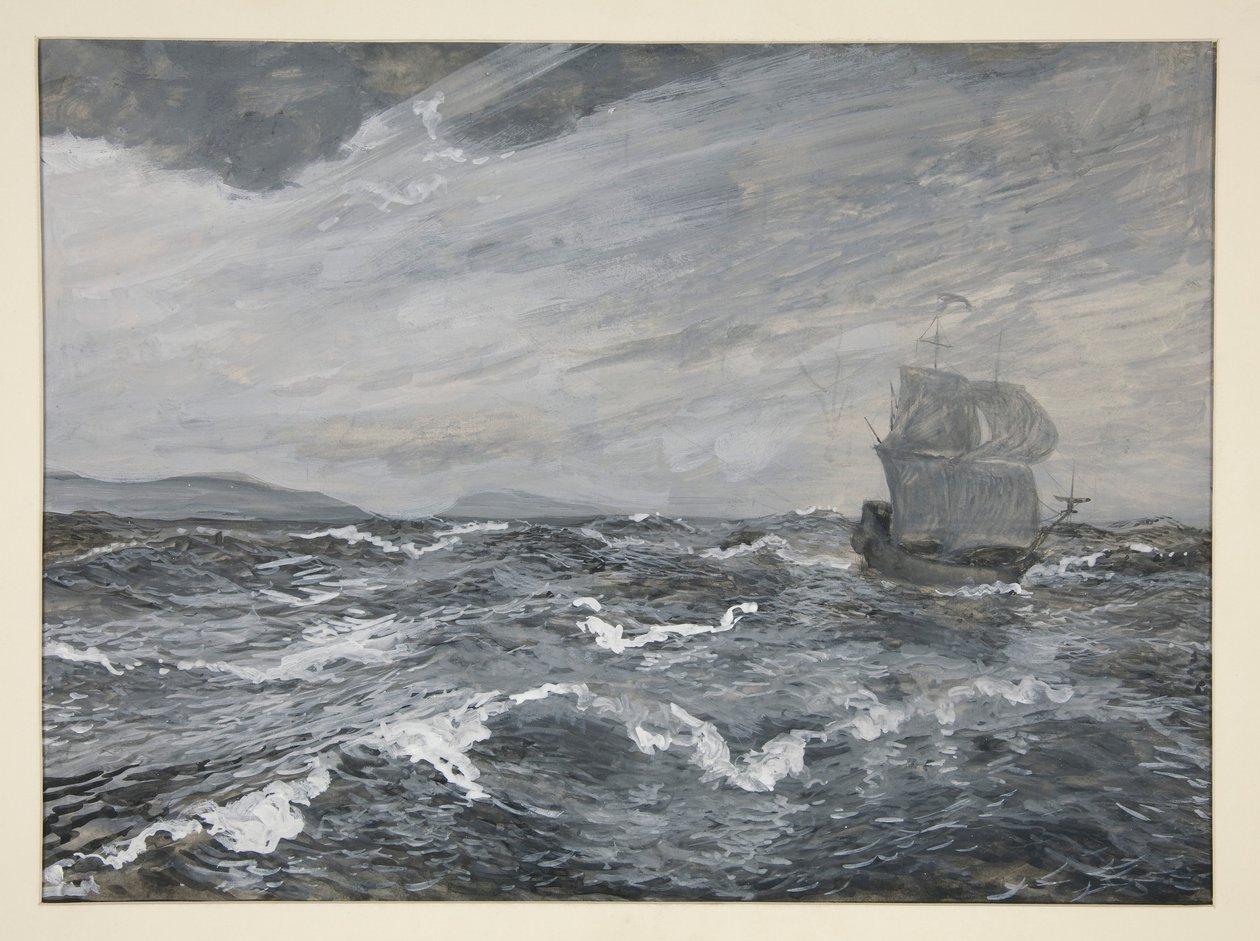 Havlandskab med sejlbåd af Edwin Austin Abbey