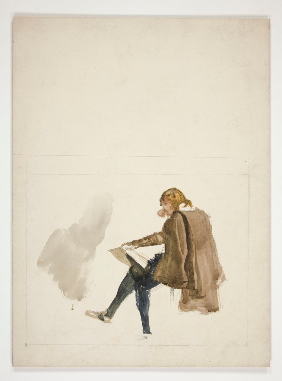 Siddende ung mand i brun kappe, læser - uidentificeret illustration af Edwin Austin Abbey