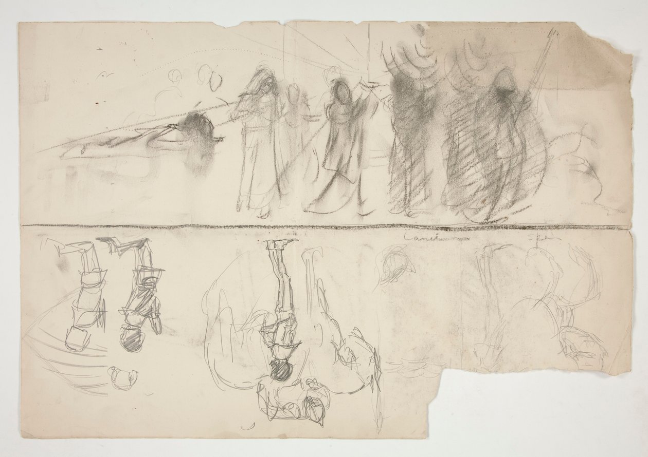 Skitseark til vægmaleriserien The Quest of the Holy Grail på Boston Public Library (recto); Uidentificeret skitse (verso) af Edwin Austin Abbey
